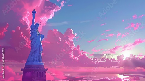 Produce a realistic illustration of the Statue of Liberty, set amidst a backdrop symbolizing national pride and the spirit of liberty