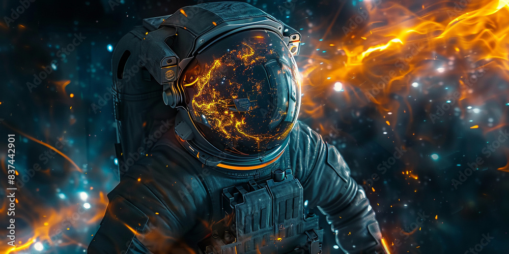 A glowing astronaut with dark suit floating in space, sad background A glowing astronaut with dark suit floating in space, sad background