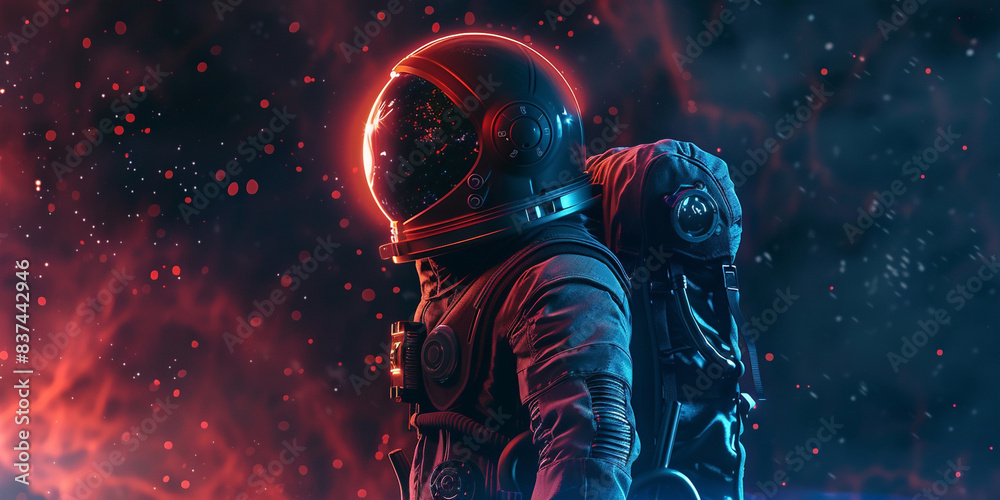 Fototapeta premium A glowing astronaut with dark suit floating in space, sad background