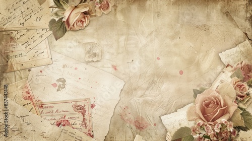 Old worn paper collage background with classic vintage rose flowers plant botanical decoration.	
