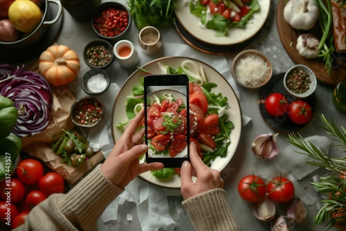  A person wearing a cozy sweater takes a photo of a vibrant, fresh salad using a smartphone. photo