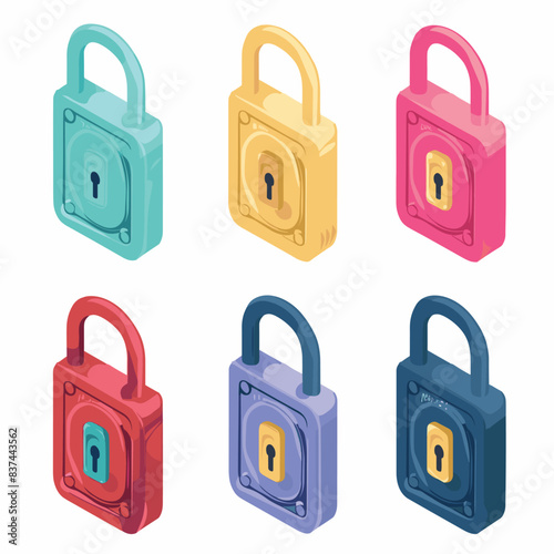 Collection colorful padlocks, security locks various colors, locks, colorful security devices protection, cartoon style white background. Six padlocks, safety locking concept