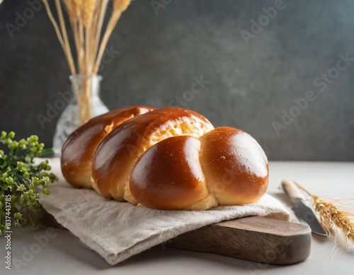 Homemade easter bread on napkin with ear of wheat on vase with grunge gray background photo