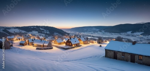 A rustic village lies enveloped in snow under a starlit sky  highlighting the beauty of a winter night.