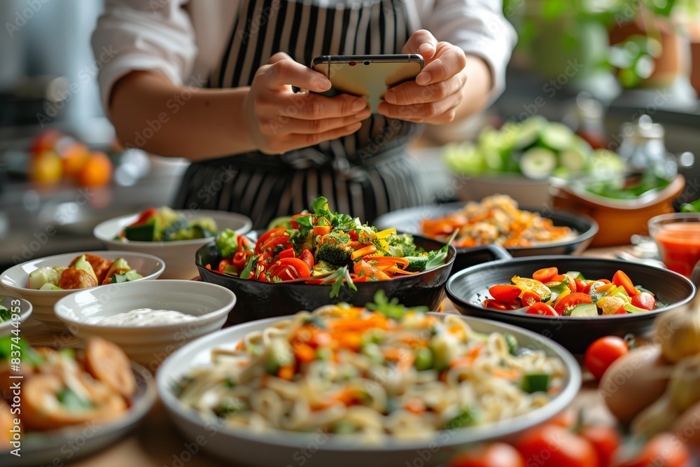 A woman in a striped apron uses her smartphone to take a photo of an array of colorful, healthy dishes arranged on a kitchen countertop.