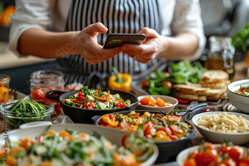 A woman in a striped apron uses her smartphone to take a photo of an array of colorful, healthy dishes arranged on a kitchen countertop.