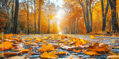 A beautiful autumn forest road with leaves on the ground  trees in yellow and orange colors