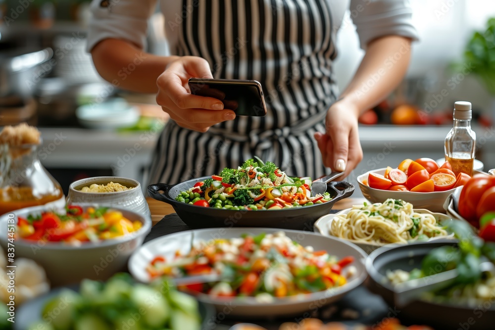 A woman in a striped apron uses her smartphone to take a photo of an array of colorful, healthy dishes arranged on a kitchen countertop. A woman in a striped apron uses her smartphone to take a photo of an array of colorful, healthy dishes arranged on a kitchen countertop.