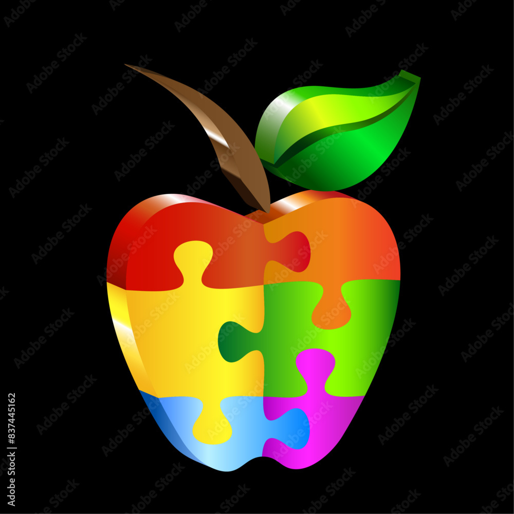 3d colorful puzzle apple vector isolated on black background.