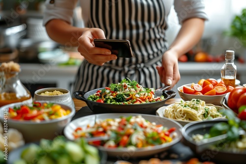 A woman in a striped apron uses her smartphone to take a photo of an array of colorful, healthy dishes arranged on a kitchen countertop. © Peeradontax