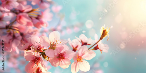 Beautiful spring background with blooming cherry blossoms and sun rays