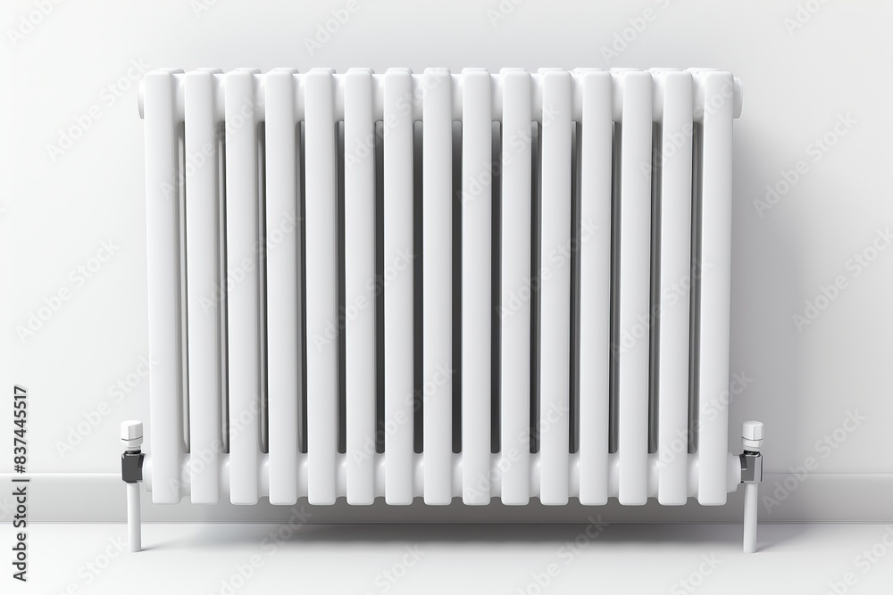 A modern white radiator against a minimalist white wall, providing warmth and comfort, suitable for home heating solutions and elegance. A modern white radiator against a minimalist white wall, providing warmth and comfort, suitable for home heating solutions and elegance.