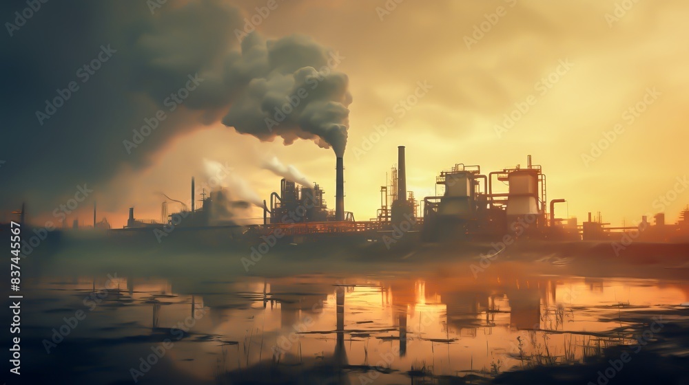 A polluted industrial landscape with factories emitting smoke, reflected in murky water at sunset, showcasing environmental impact and air pollution.