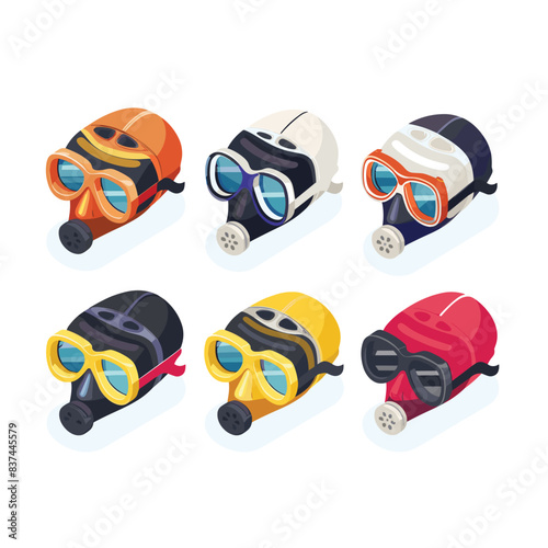 Six colorful scuba diving masks, snorkels, side perspective, diving mask features two lenses snorkels breathing valves, style design, vibrant colors, white background