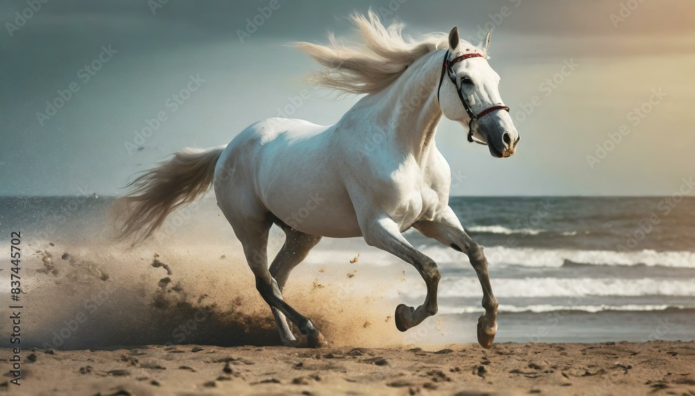 white horse running, white horse is running on the beach white horse running, white horse is running on the beach