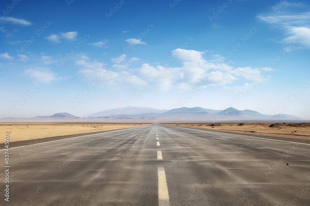 A solitary, empty desert road stretching towards distant mountains under a clear blue sky, encapsulating solitude and vastness. A solitary, empty desert road stretching towards distant mountains under a clear blue sky, encapsulating solitude and vastness.
