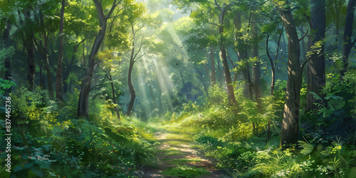 A path leading through the forest  with sunlight filtering down from towering trees and lush greenery surrounding it
