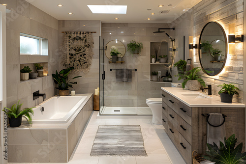 Contemporary bathroom freestanding bathtub, walk-in shower glass enclosure, white marble countertops, round mirrors LED backlighting, grey tiles, skylight, small potted plants touch of greenery.