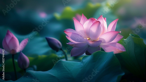 Resplendent lotus petals unfolding like poetry in the stillness of a profound, dusky atmosphere photo