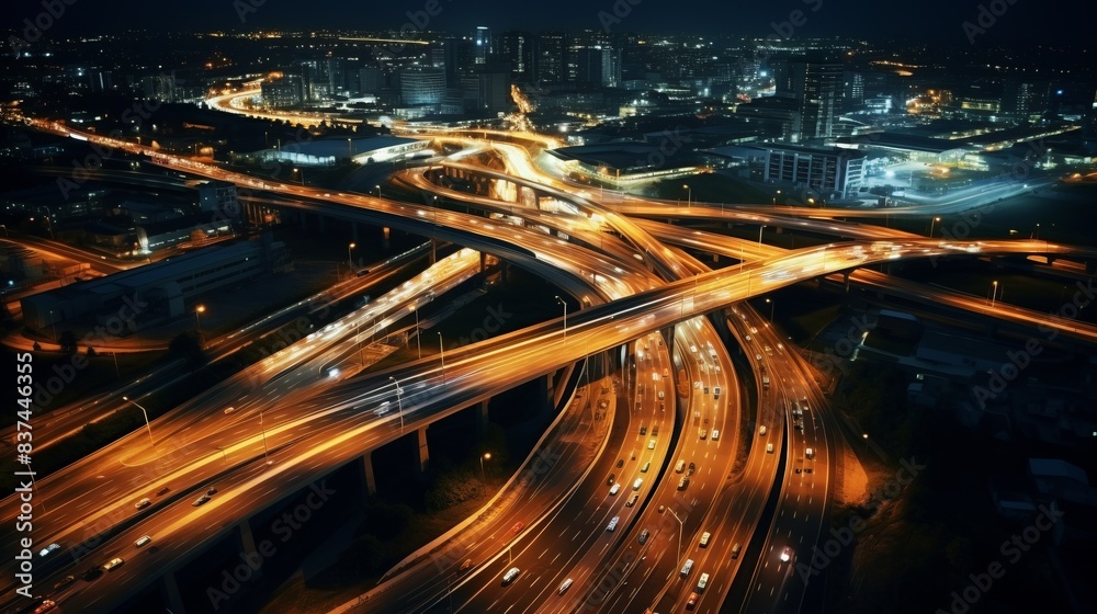 Aerial view of a busy urban highway interchange lit up at night, with vibrant city lights and moving traffic visible. Aerial view of a busy urban highway interchange lit up at night, with vibrant city lights and moving traffic visible.