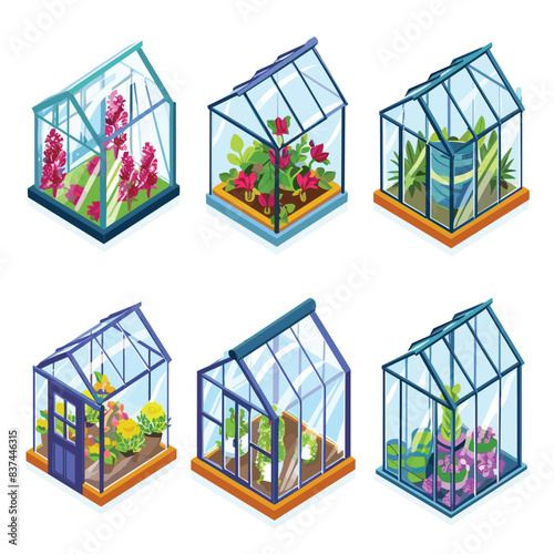 Isometric greenhouses collection house plants. Glass greenhouses colorful flowers, hobby illustration. Isolated conservatories flora, botanic structures