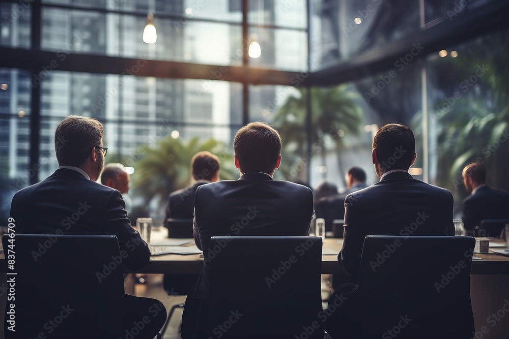 Business meeting in modern office with glass windows showing cityscape, executives discussing corporate strategy and planning. Business meeting in modern office with glass windows showing cityscape, executives discussing corporate strategy and planning.