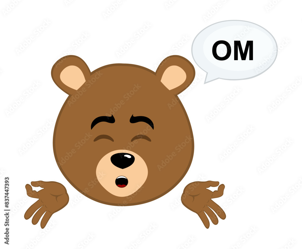 Obraz premium vector illustration face brown bear grizzly cartoon meditating with a speech bubble with the text OM