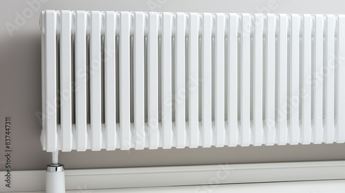 Close-up of a modern white radiator with a sleek, minimalist design against a light gray wall, providing efficient home heating.