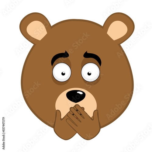 vector illustration face brown bear grizzly cartoon, covering its mouth with its hands, in concept of making silence or keeping quiet