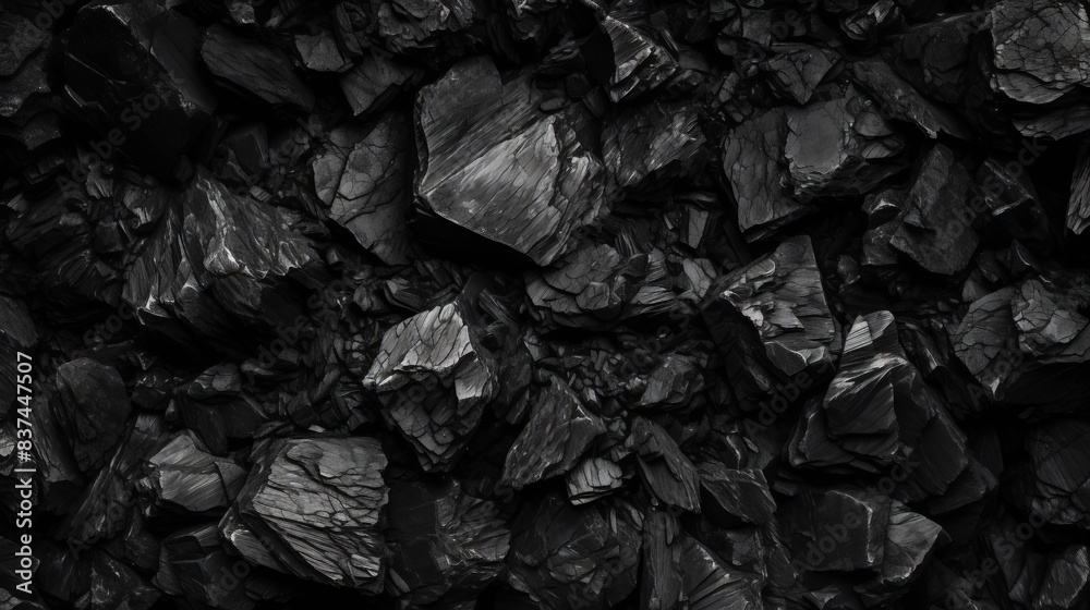 Close-up of black coal rocks for backgrounds or textures, showcasing the intricate details and rugged surface.
