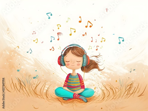 Minimalist Cute Illustration of a Girl Listening to Music Conveying Happiness and Playfulness in Children's Playtime