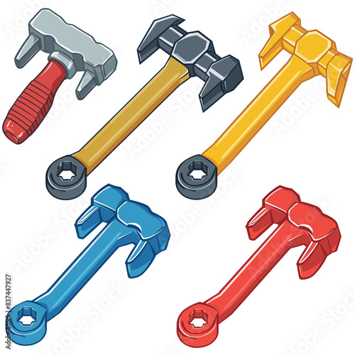 Cartoon hammers nuts colorful tools DIY concept isolated white background. Red, yellow, blue hammers grey nuts vector graphics. Construction hardware cartoonstyle digital illustration