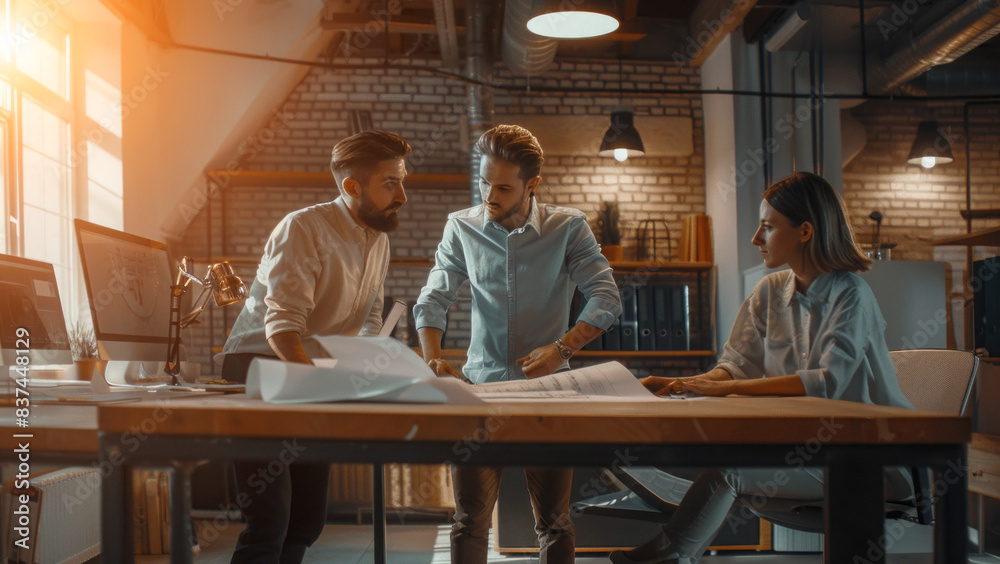 A group of construction workers, architects and engineers working on a project blueprint together. A group of construction workers, architects and engineers working on a project blueprint together.