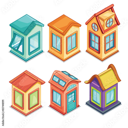 Brightly colored cartoon houses, various shapes styles, cute whimsical designs. Cartoon homes collection, colorful roofs windows, architecture, isolated white background. Set houses