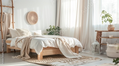Cozy bedroom bathed in natural light  showcasing wooden furniture  a plush bed  and decorative plants  evoking a welcoming and warm ambiance
