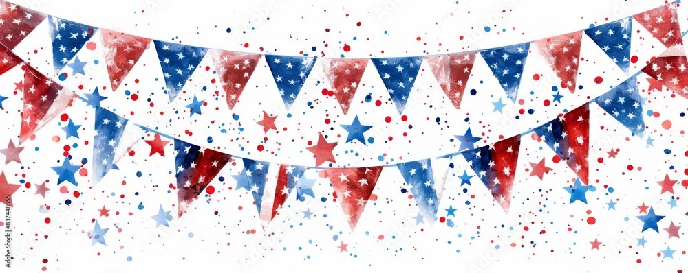 Festive red, white, and blue bunting and confetti creating a patriotic celebration atmosphere, perfect for holidays and events. Festive red, white, and blue bunting and confetti creating a patriotic celebration atmosphere, perfect for holidays and events.