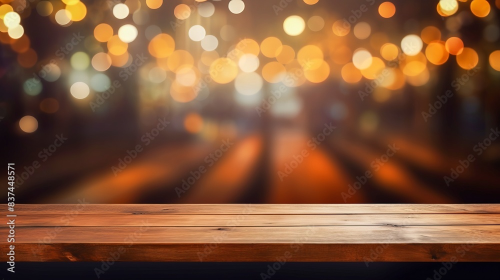 Empty wooden table with a blurry bokeh background, perfect for showcasing products or for festive celebrations. Empty wooden table with a blurry bokeh background, perfect for showcasing products or for festive celebrations.