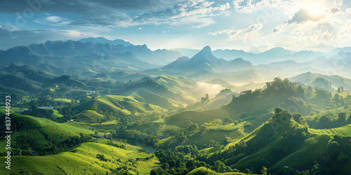  Beautiful green valley landscape with sunlight rays shining through the clouds over the mountain range  in a misty morning