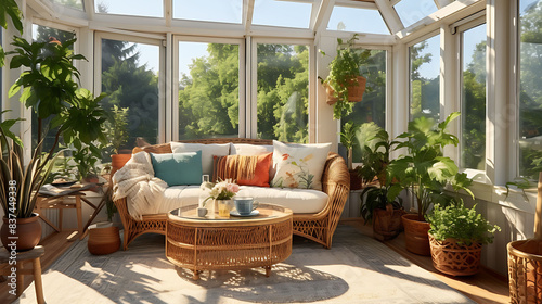 A bright and airy sunroom with wicker furniture, potted plants, and a panoramic view © Dorix