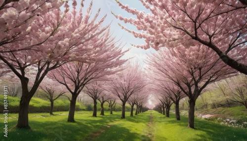 Sunlight filters through a vibrant canopy of cherry blossoms, creating a dreamlike avenue in full spring bloom.