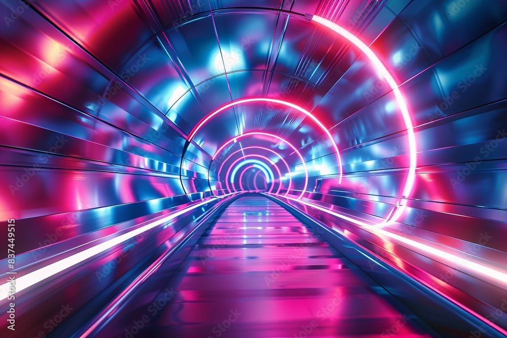 Futuristic tunnel with vibrant neon lights creating a visually stunning, energetic, and colorful cyberpunk atmosphere. Futuristic tunnel with vibrant neon lights creating a visually stunning, energetic, and colorful cyberpunk atmosphere.