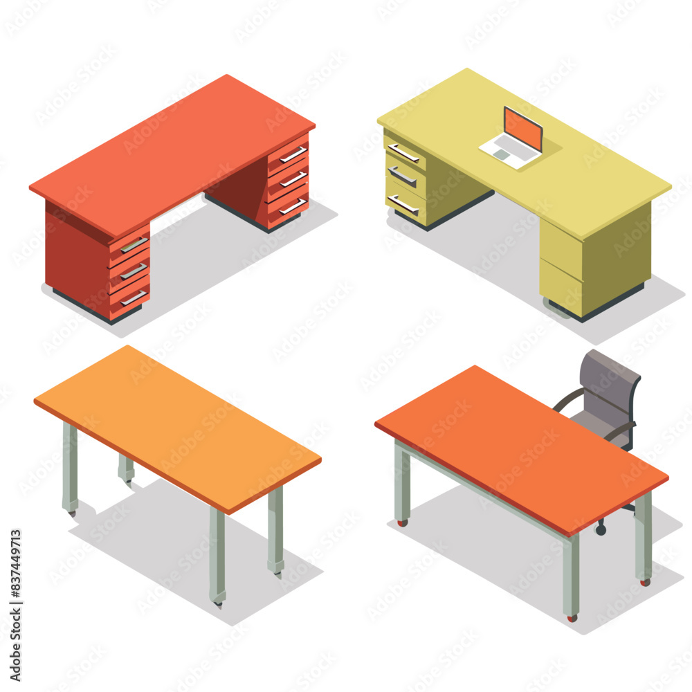 Isometric office furniture set including desks table, one chair. Orange yellow office tables drawers, modern design, isolated white background, stylish Isometric office furniture set including desks table, one chair. Orange yellow office tables drawers, modern design, isolated white background, stylish