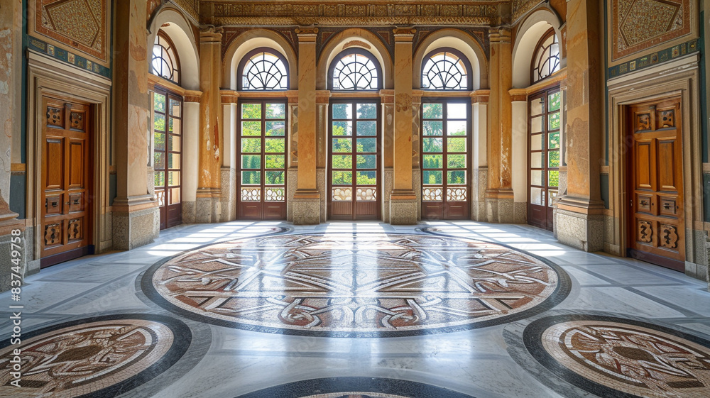 Obraz premium Timeless beauty encapsulated in the form of a captivating marble mosaic within a university setting