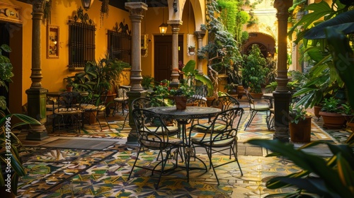 Relaxing in a serene courtyard adorned with lush greenery  intricate tile designs  and cozy seating options