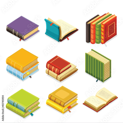 Isometric books various colors isolated white background. Collection hardcover books open closed isometric view. Educational literature library reading concept design