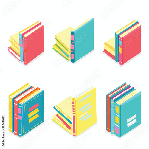 Collection colorful books isometric vector illustration isolated white background. Stacked standing books, various colors, education concept graphic. Isometric digital library, elearning resources
