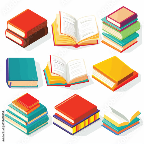 Stacked books single open book featured prominently. Bright colors red, blue, green, yellow books, educational theme. Multicolored books collection, isolated white background photo