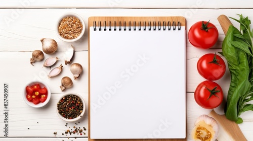 Recipe concept with fresh ingredients including tomatoes, garlic, and spices on a white wooden table with blank notepad for notes.