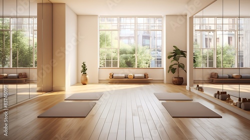 A serene yoga studio with hardwood floors  floor-to-ceiling windows  and minimalist decor