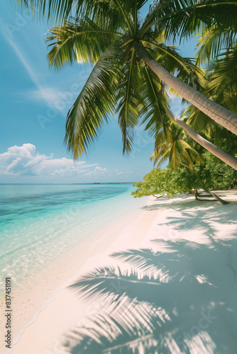 Beautiful landscape of the sandy beach and crystal clear blue ocean.